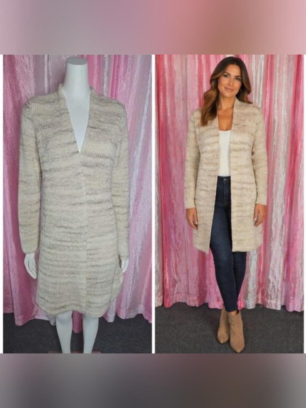J. Jill Cream Stripe Longline Knit Open Wool Coatigan Cardigan Size Medium NWT